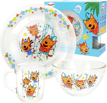 ND PLAY 309624 Набор посуды "Три кота" Цветы (3 предмета, подарочная упаковка), спец-серия, стекло