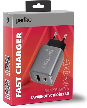 PERFEO (I4669) 2 порта USB-A+TYPE-C, 20W, серый