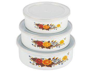 MALLONY Набор из 3 эмалированных мисок с крышками, FAMILIA, объемы: 600/850/1250 мл, цвет: белый с дизайном (008763)