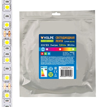 VOLPE (UL-00004541) ULS-Q210 5050-30LED/m-10mm-IP20-DC12V-7,2W/m-5M-RGB катушка в герметичной упаковке