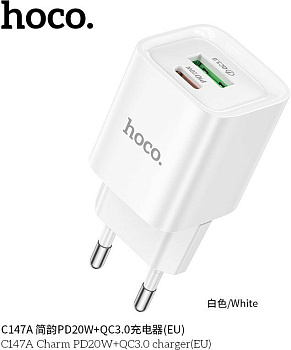 HOCO (6942007630276) C147A 1USB+1Type-C 3.0A PD 20W+QC3.0 , White