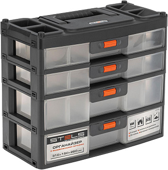STELS Органайзер для хранения с выдвижными лотками 310х150х260мм, 4 секции, пластик Россия// 90728