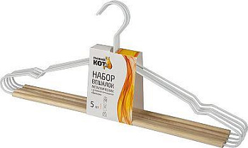 РЫЖИЙ КОТ Набор вешалок металлических с деревянной перекладиной Винтаж, цвет белый, 5 шт (107895)