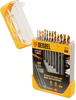 DENZEL Набор сверл по металлу, 1,5-6,5 мм, HSS-Tin, Golden Tip, 13 шт 72318