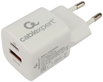 Cablexpert (21079) MP3A-PC-46, QC3.0/PD, 2 порта: USB и Type-C, белый, пакет