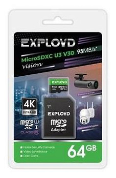 EXPLOYD MicroSDXC 64GB Class 10 (U3) V30 Vision + адаптер (SD 95 MB/s) [EX64GCSDXC10-U3-V30]